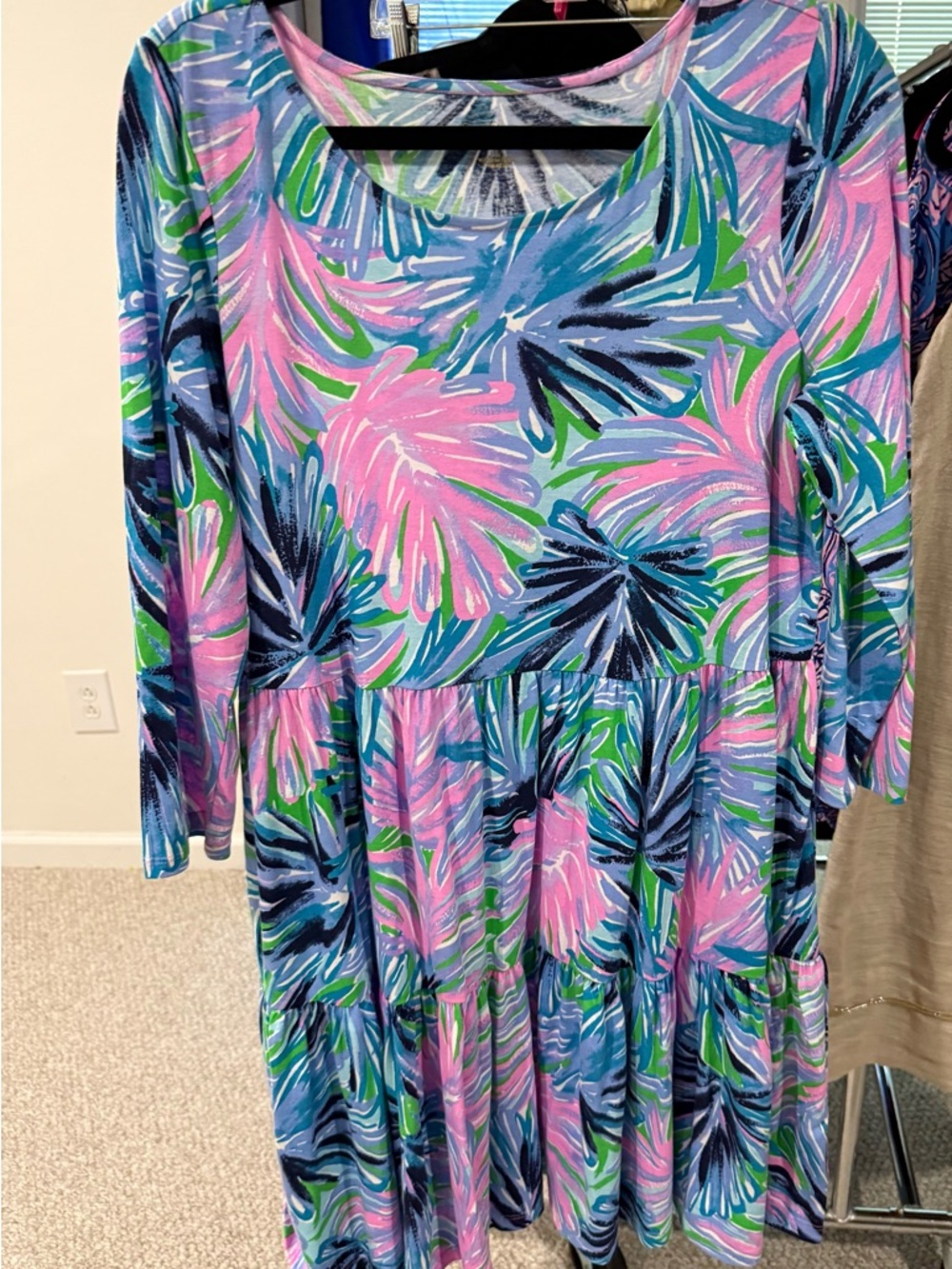 Lilly Pulitzer Tropical Floral Scoop Neck Tiered Dress - Pink, Blue & Green